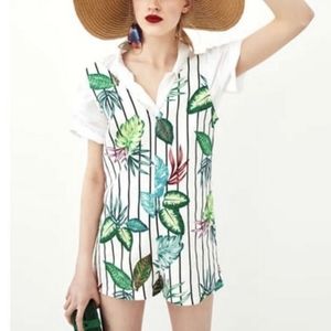 Zara | Tropical Print Denim Romper